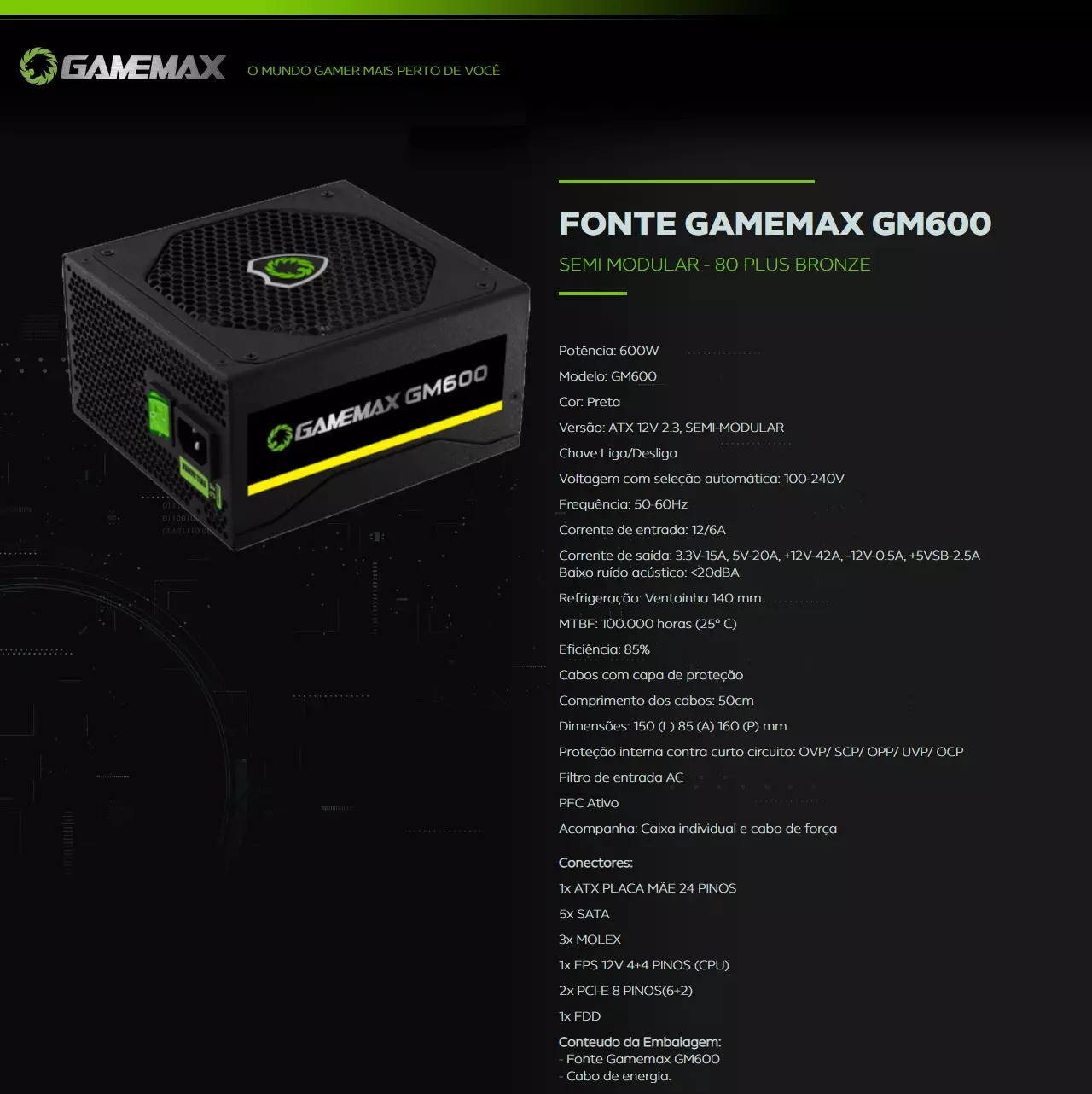 FONTE GAMEMAX GM600 600W REAL 80PLUS BRONZE
