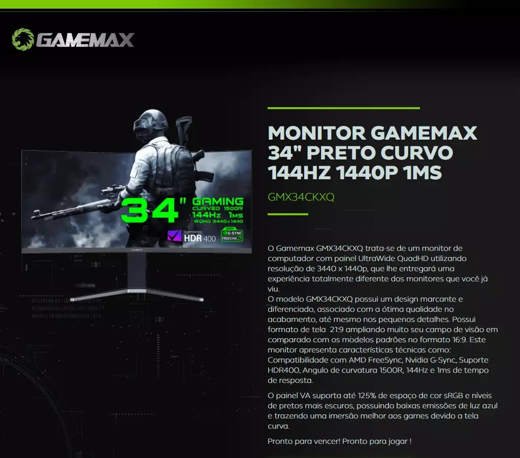 Monitor Gamer Gamemax 32´ Curvo, 144Hz, LED WQHD, Displa