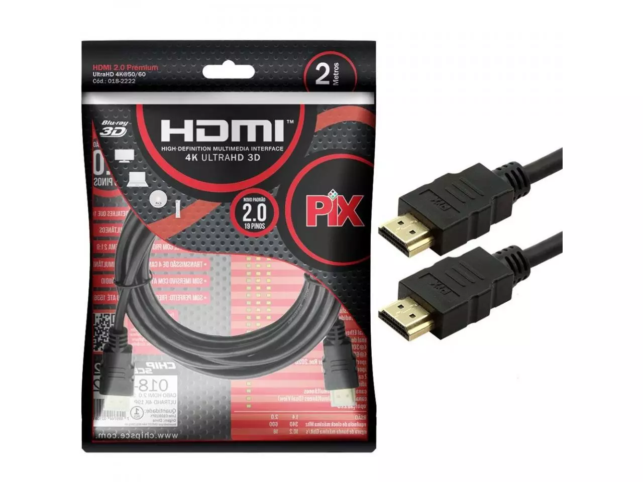 Cabo HDMI 2m v2.0 TV 3D/ULTRA HD 4K - PIX 018-2222