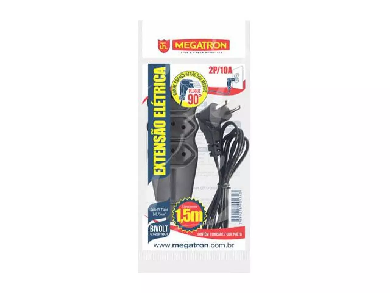 Extensão Elétrica 2P 3 Tomadas 1,5m Plug 90° Bivolt Preta - Megatron