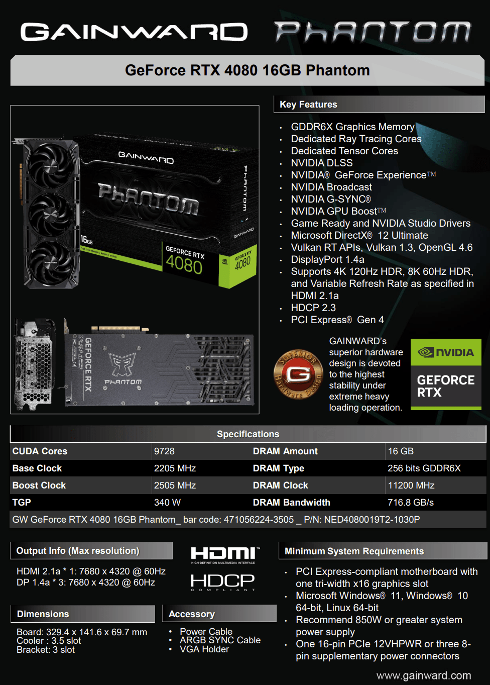 GeForce RTX 4080 16GB GDDR6X 256bits Phantom Series Gainward