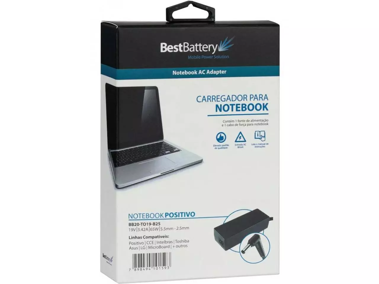 Fonte Carregador P/ Notebook 19V 3.42A 65W (Pino 5.5mm - 2.5mm) - BB20-TO19-B25