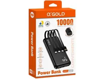 Carregador Portátil Power Bank A'Gold 10.000mAh Cabos Embutidos Lightning USB-C Micro USB Preto - BTE-29