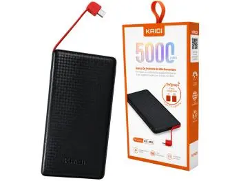 Carregador Portátil Power Bank Kaidi 5.000mAh Cabo Embutido Micro USB + Adaptador USB-C/Lightning Preto - KD-952