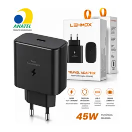 Carregador de Tomada Lehmox 1x USB-C 45W, Carga Rápida PD, Preto - LE-356 F