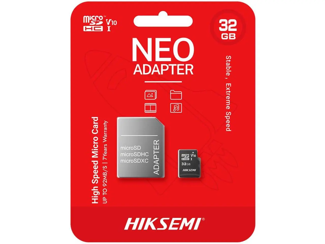 Cartão Hiksemi 32GB Neo microSD Card (Classe 10) U1, V10, UHS-I c/Adaptador - HS-TF-C1 32G