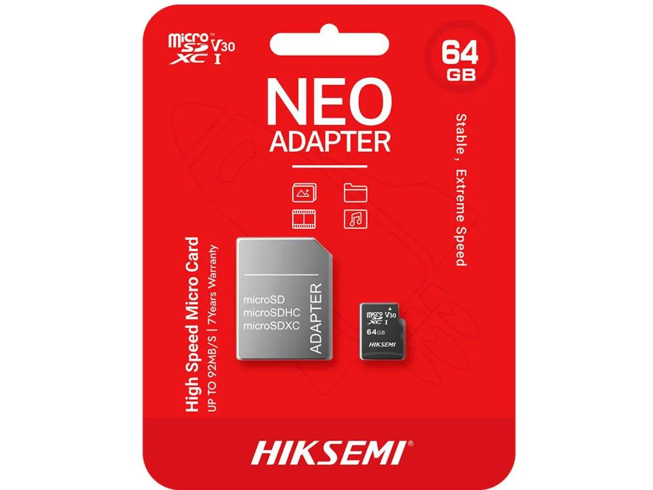 Cartão Hiksemi 64GB Neo microSD Card (Classe 10) U1, V30, UHS-I c/Adaptador - HS-TF-C1 64G
