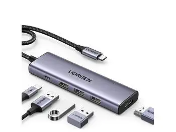 HUB Ugreen USB-C, 5 Portas (3 x USB 3.0 Tipo-A, 1 x HDMI, 1 x USB-C PD 100W) Cinza
