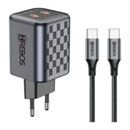 Carregador de Celular Hrebos Premium Black Chess 2x USB-C 45W, Carregamento Rápido, C/ Cabo USB-C, Preto - CRG-218C
