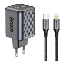 Carregador de Celular Hrebos Premium Black Chess 2x USB-C 45W, Carregamento Rápido, c/ cabo lightning, Preto - CRG-218CI