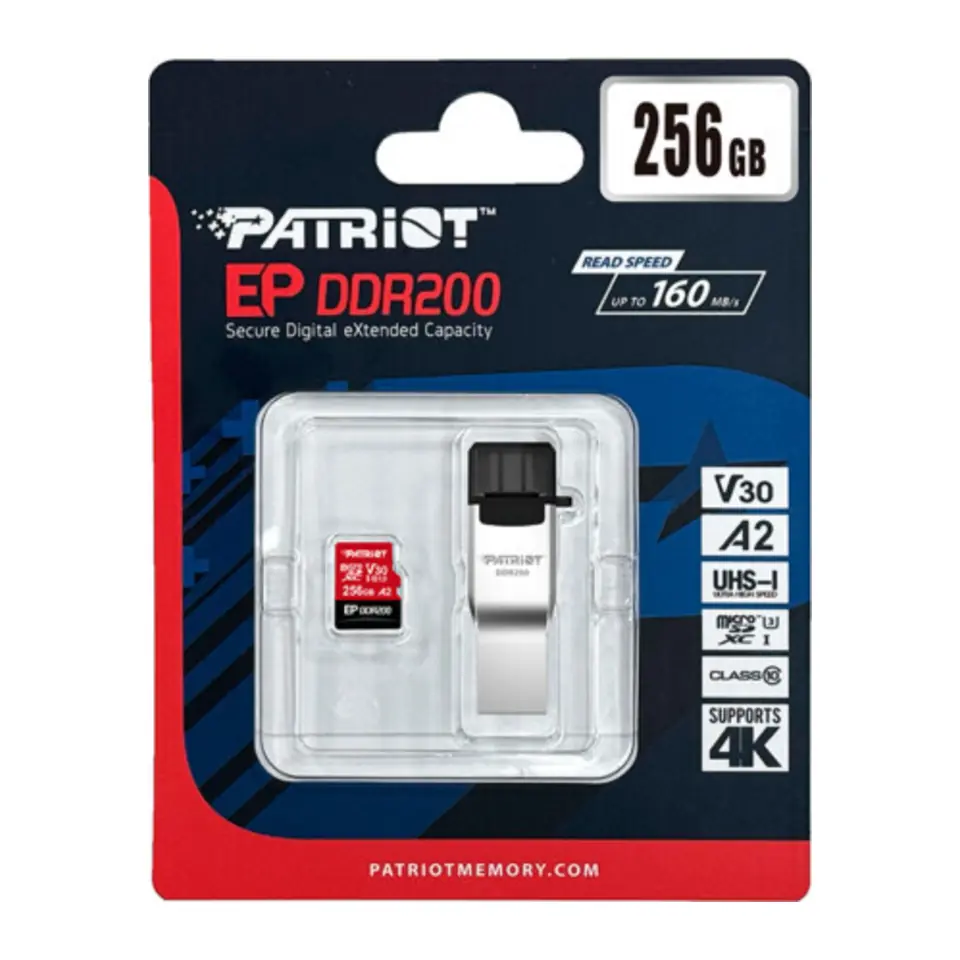 Cartão Patriot 256GB EP DDR200 Series microSD Card (Classe 10) microSDXC, UHS-I, U3, V30, A2 c/Adaptador - PEF256GEP31MCX