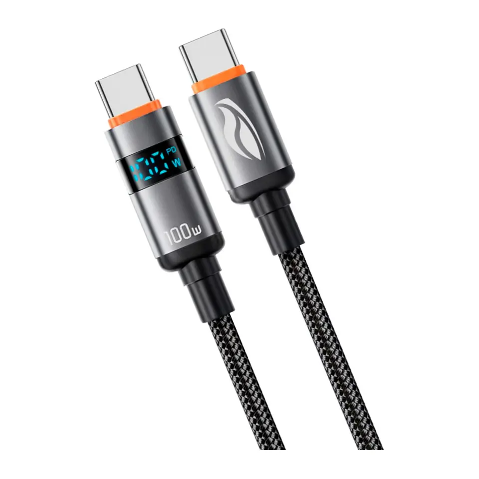 Cabo USB-C para USB-C C3Tech 1m, 100W, Display Digital LED, Nylon, Cinza - CB-P400GY