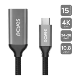 Cabo Adaptador USB-C Macho para HDMI 2.0 Fêmea, 4K 60Hz / Full HD 144Hz, Nylon, 15cm, Preto - PUCF-15P
