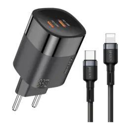 Carregador de Tomada Hrebos Premium 2x USB-C 33W, Cabo USB-C para Lightning, Preto - CRG-223I