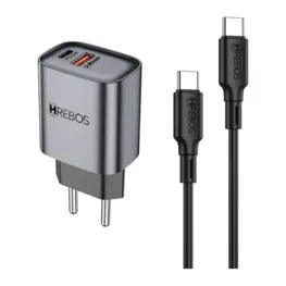 Carregador de Tomada Hrebos Neo Charge 2x USB (USB-C/USB-A) 20W, c/ Cabo USB-C, Cinza - CRG-232CC