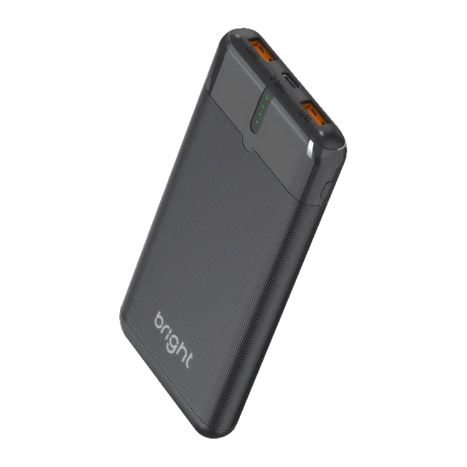 Carregador Portátil Power Bank Bright 10.000mAh 20W, USB-C + 2x USB, LEDs Indicadores, Preto - PW001