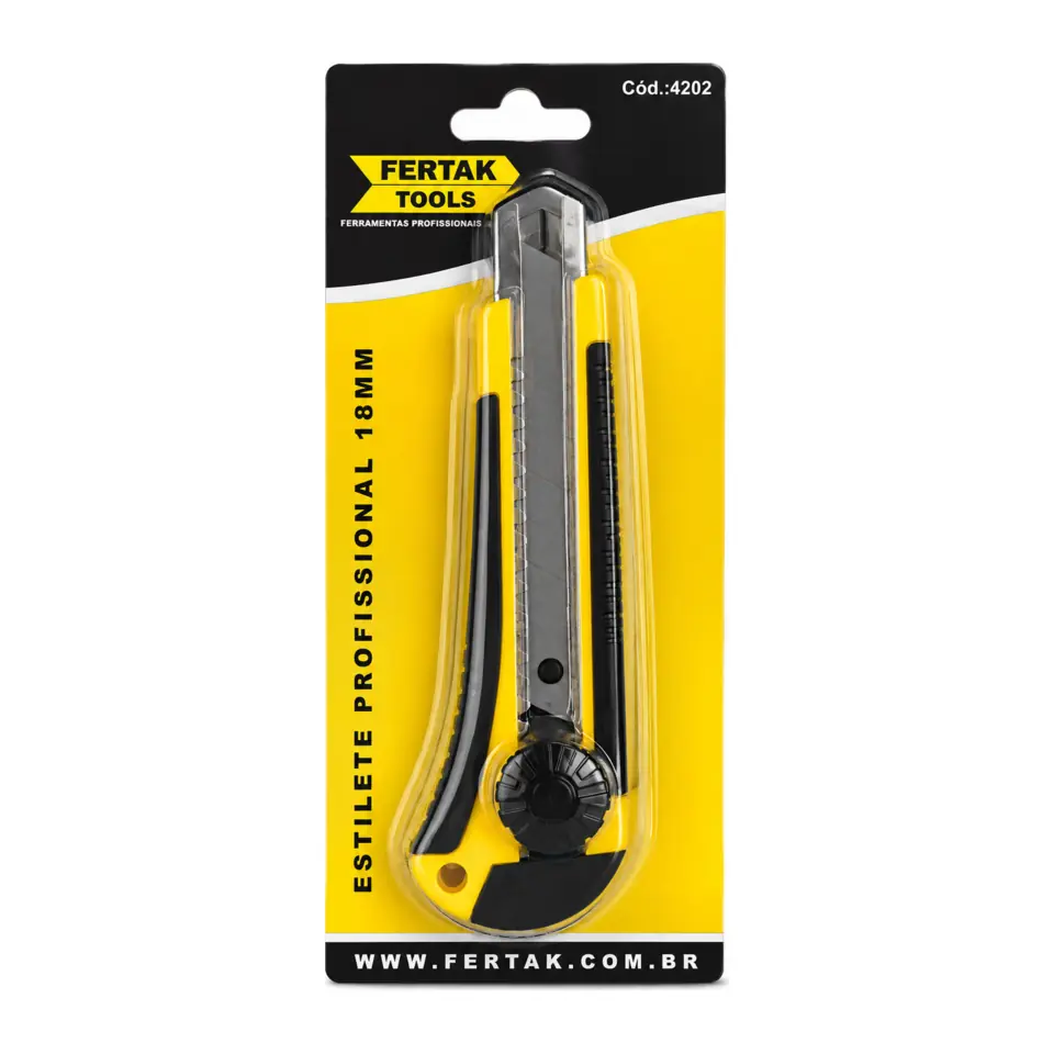 Estilete Profissional 18mm, 1 Lâmina, Trava de Segurança, Amarelo/Preto - Fertak 4202