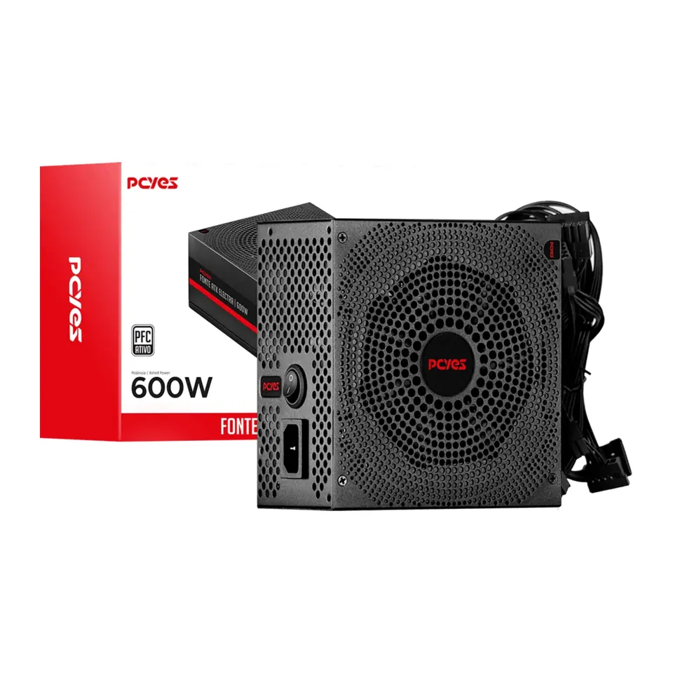 Fonte PCYes Electra 600W, ATX versão 2.x, PFC Ativo, Preta - ELEC600W