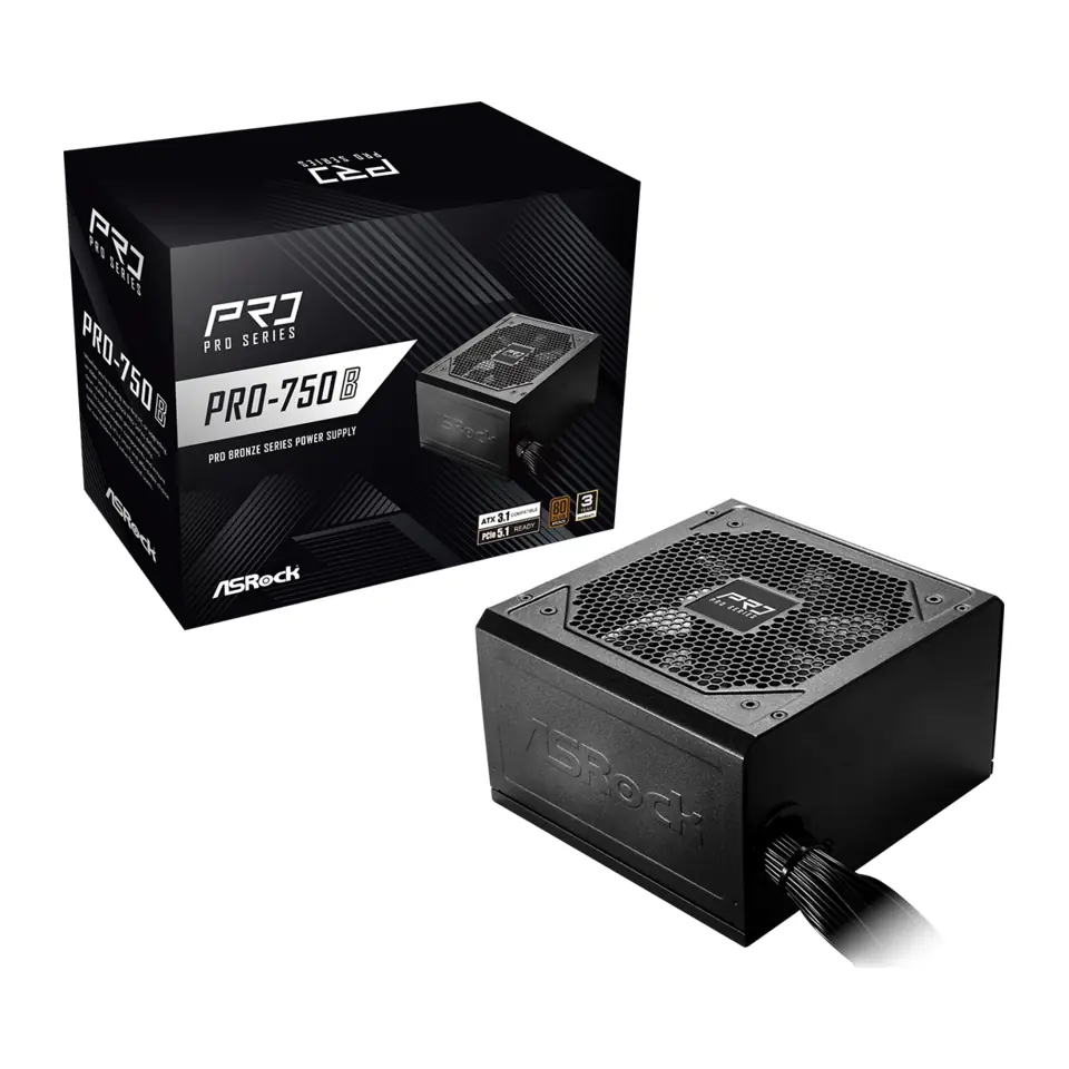 Fonte ASRock PRO Series 750W, ATX 3.1, 80 Plus Bronze, PCIe 5.1, Preta - PRO-750B