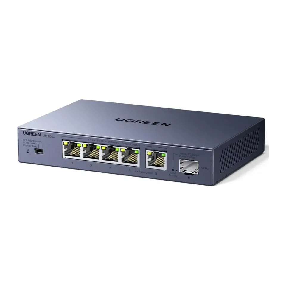 Switch Ethernet UGREEN 2.5Gb, 6 Portas (5x 2.5Gb + 1x 10Gb SFP+), Plug & Play, LAG, Metal - CM753-35048
