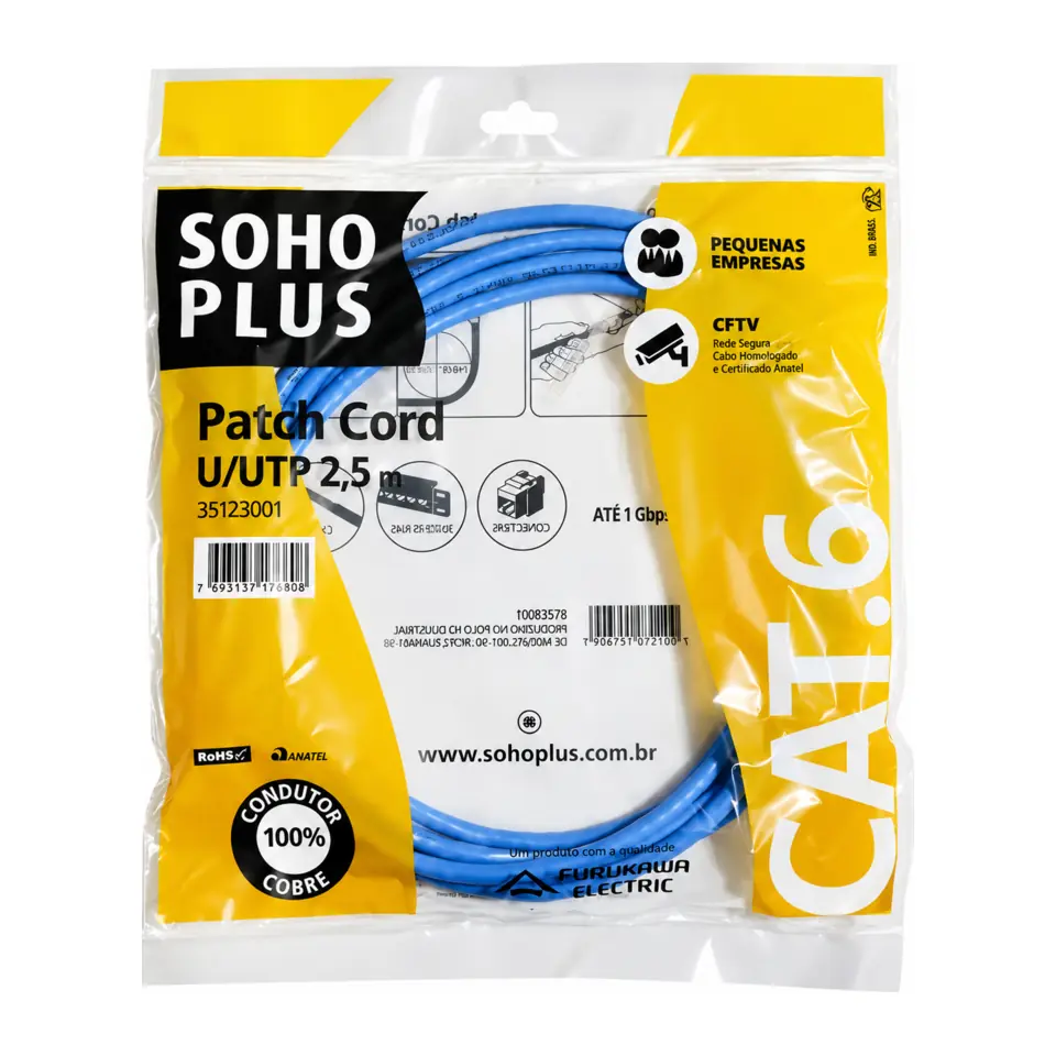 Patch Cord U/UTP Furukawa SohoPlus CAT.6 CMX T568A/B, 2,5 metros, Azul - 35123001