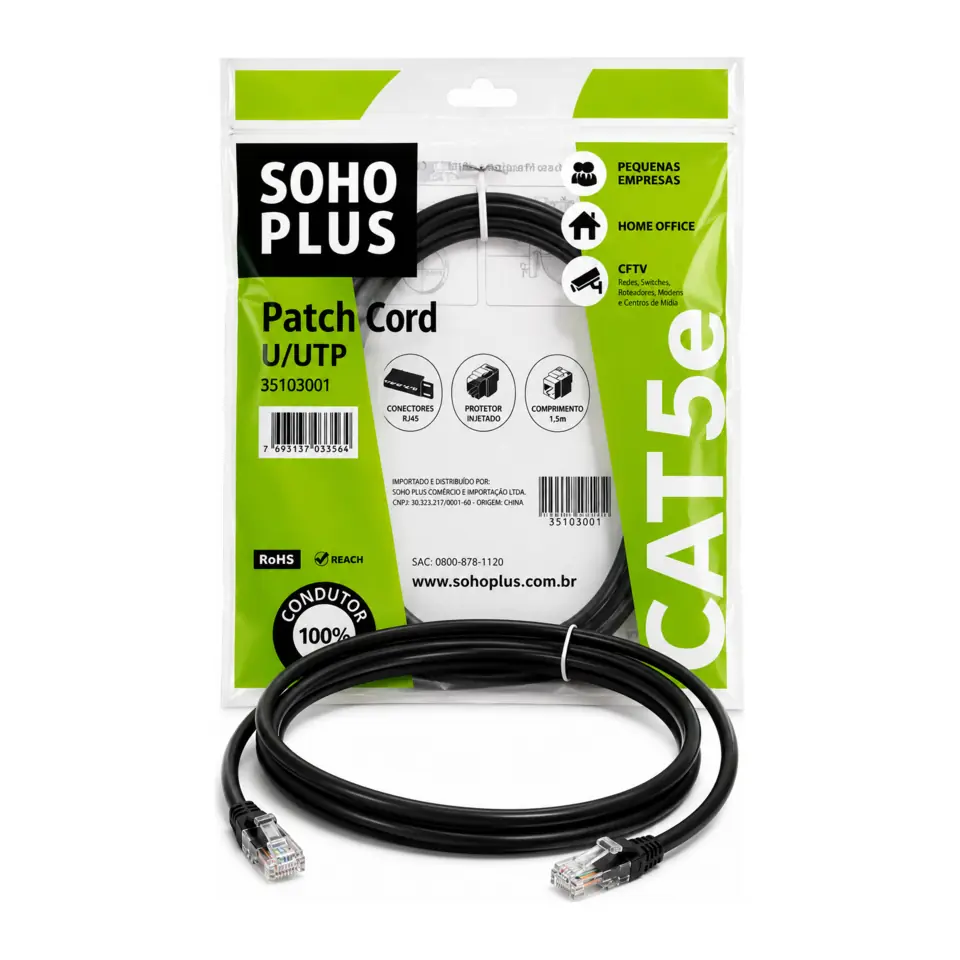 Patch Cord U/UTP CAT5e CMX T568A/B 1,5M Preto - Furukawa SohoPlus 35104007