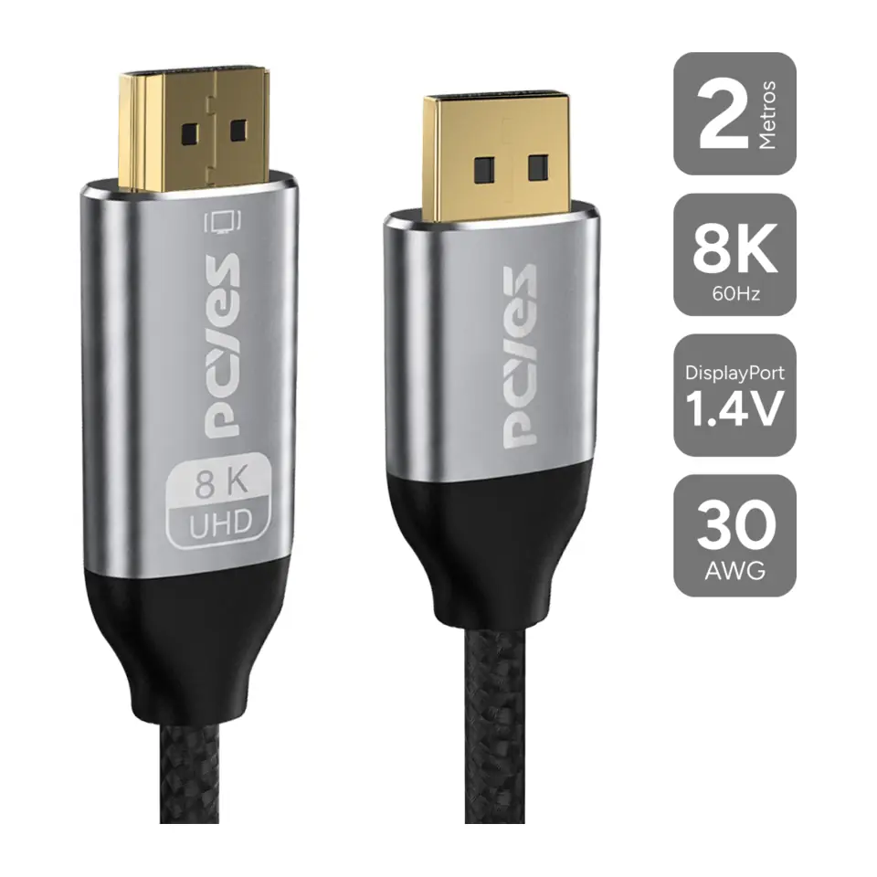 Cabo Conversor DisplayPort 1.4 x HDMI 2.1, Nylon, 2 metros, 8K - PCYes