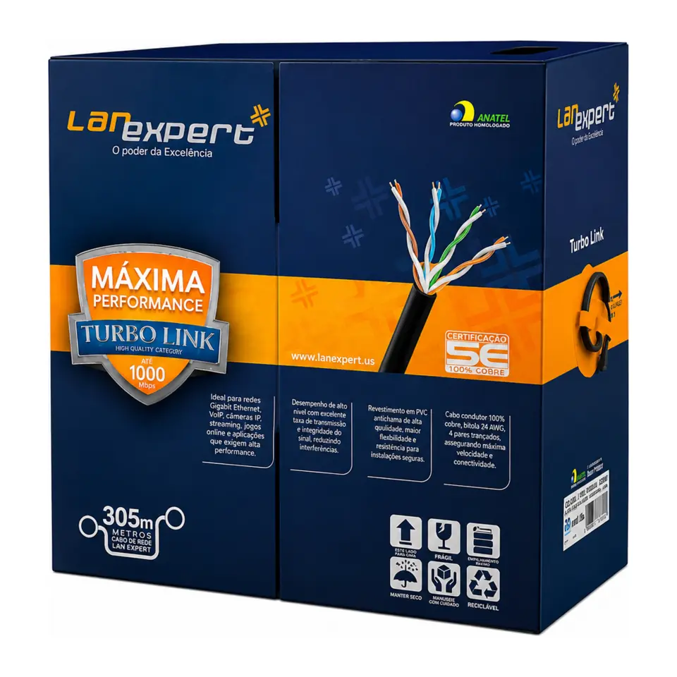 Cabo de Rede 4P Puro Cobre CAT5e (Caixa com 305m) Preto - Bluecom Lan Expert