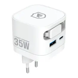 Carregador de Tomada Gshield Raptor Turbo 35W, 2x USB (USB-A/USB-C), Cabo Retrátil USB-C Embutido, Branco - GS-11484