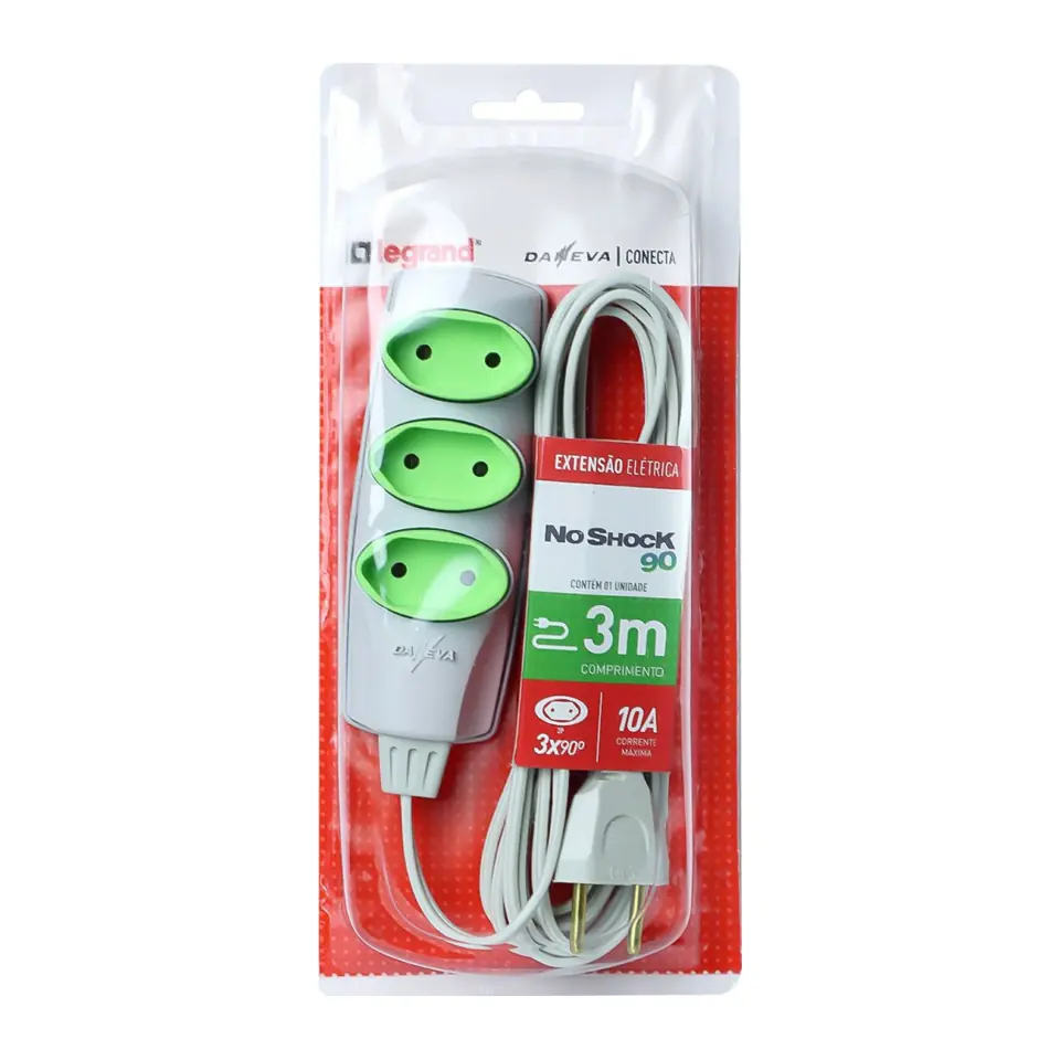 Extensão Elétrica Daneva Noshock 2P, 3 Tomadas, 3 Metros, 10A, Cabo 2x0,75mm, Cinza - DN1469