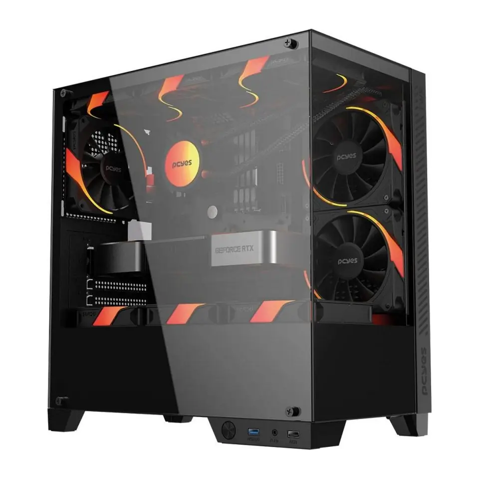 Gabinete PCYES Forcefield TWR Black Vulcan - 3 Fans 120 mm ARGB, Frente e Lateral em Vidro Temperado, Mid Tower Preto