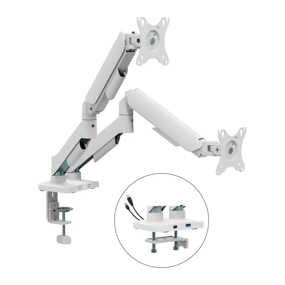 Suporte Ergo Bluecase para 2 Monitores 17" à 32", VESA 75x75/100x100, USB e USB-C, Branco - BSMTS02U-1
