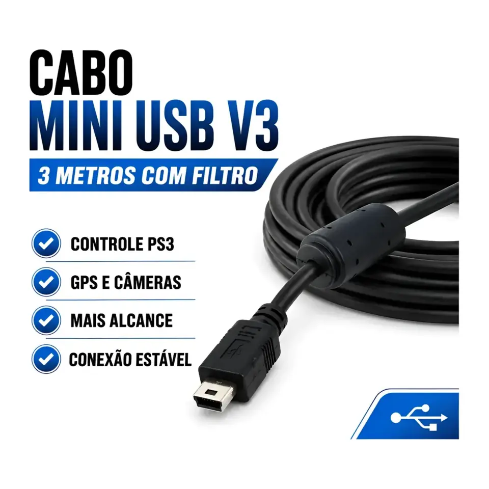 Cabo X-Cell XC-CAB5, USB-A para Mini USB (V3), com Filtro, 3 Metros, Playstation 3 (PS3), Preto - XC-CAB5