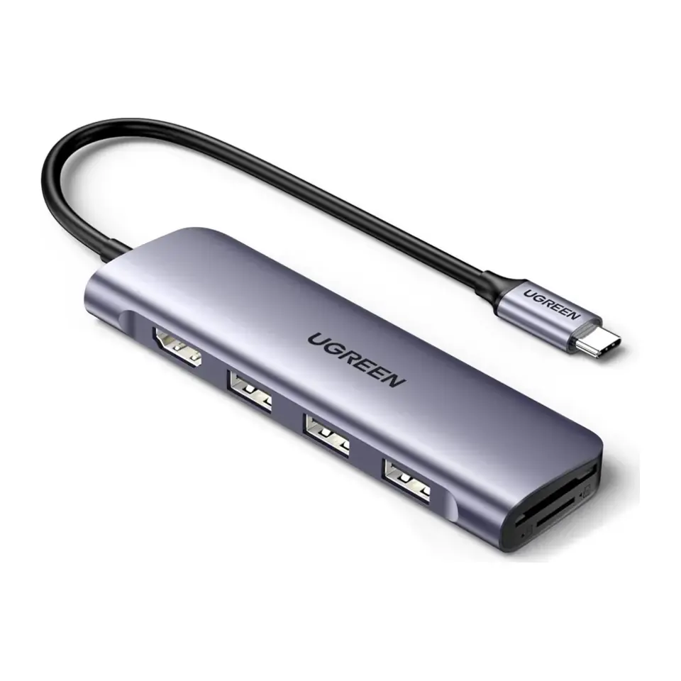 Hub USB-C Ugreen 6 em 1, HDMI 4K, 3x USB-A, 1x TF, 1x SD - Cinza