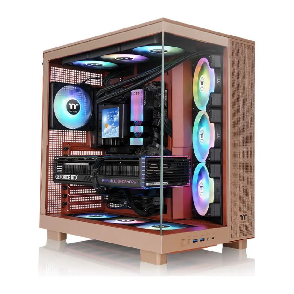 Gabinete Thermaltake View 380 XL TG ARGB, Mid Tower, ATX, 2 Painéis de Vidro Temperado, 4 Fans ARGB 120mm, Gravel Sand (Bege)