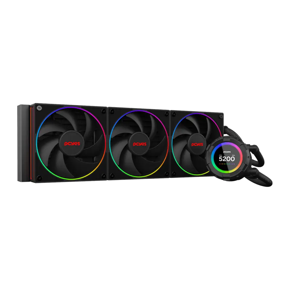WaterCooler PCYES Vision Black Vulcan, ARGB, 360mm, Intel/AMD, TDP 350W, Tela LCD 2,1", Preto - VS360BV