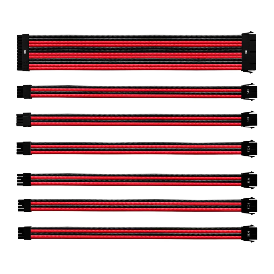 Kit Cabo Extensor Sleeved Cooler Master para Fonte 24 Pinos, CPU 8 e 4+4 Pinos, PCIe 6+2 e 8 Pinos 30cm, Vermelho e Preto - CMA-NEST16RDBK1-GL