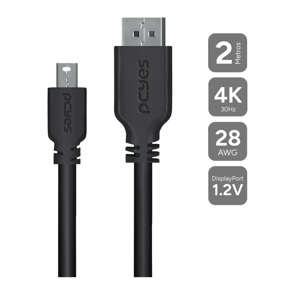 Cabo Conversor Mini Displayport (M) x Displayport 1.2 (M) 2m Preto - PCYes